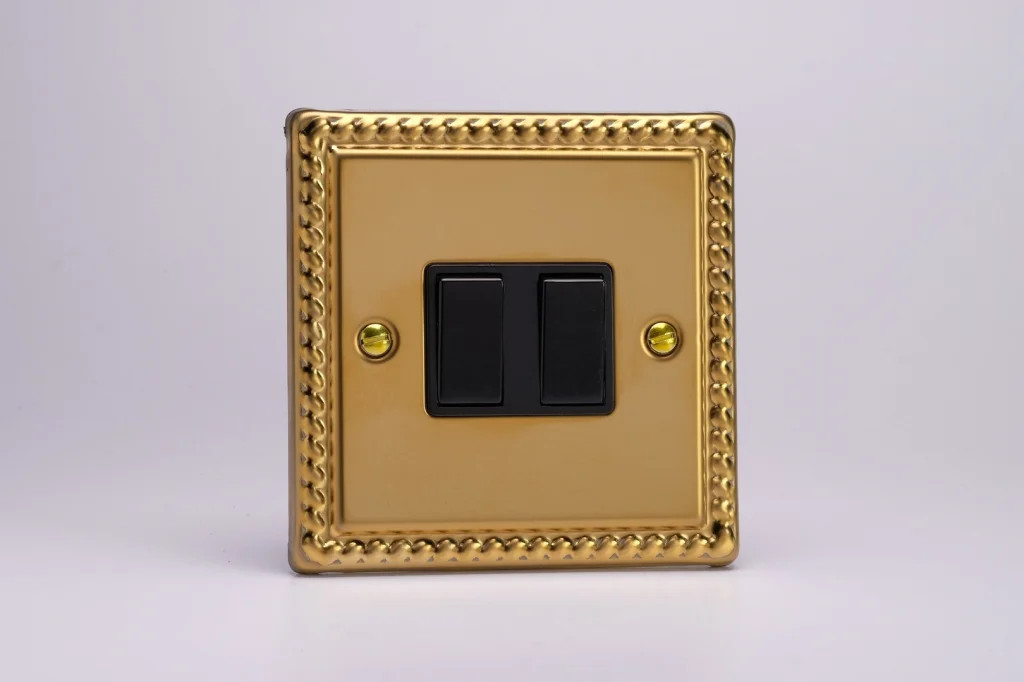 Switch Brass Intermediate & 2-Way 10A 2-Gang Classic Georgian + Black Insert