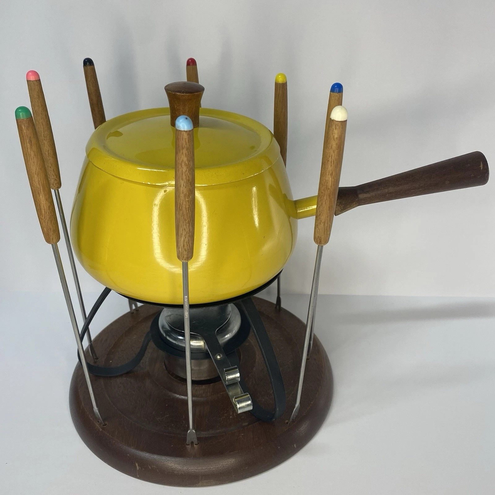 Vintage Yellow Enamel Fondue Set 8 Forks Wood Base Mid Century Complete
Opens in a new window or tab