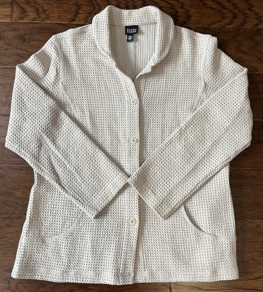 Женский кардиган Eileen Fisher L вафельный вязаный кремовый на пуговицах передняя куртка карманы - Изображение 2 из 4