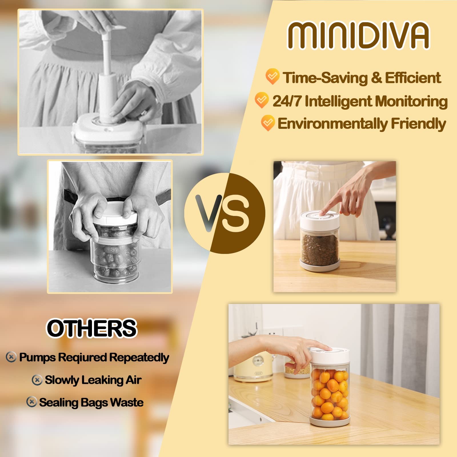 Minidiva Smart Vacuum Jar 600ml - Electric Airtight Food Coffee Storage Conta...