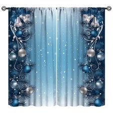 Christmas Curtains, Blue Christmas Background with Branches Ribbons Snowflake...
