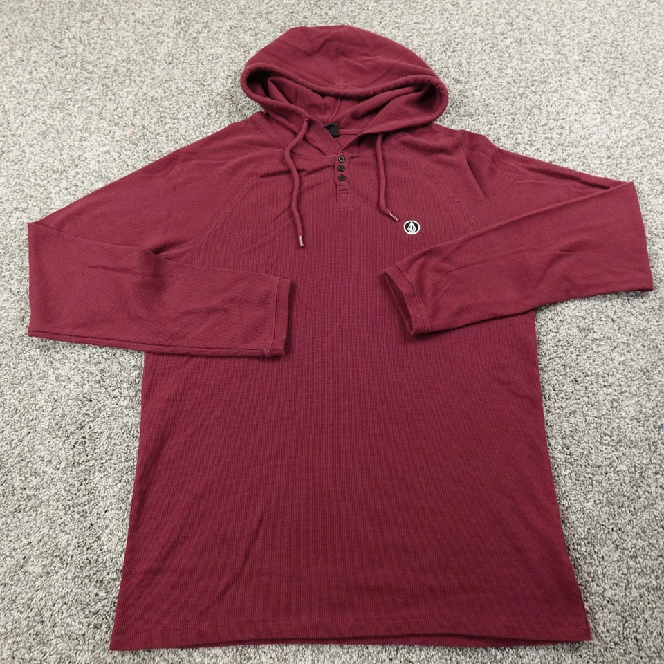 Volcom Hoodie Mens L Red Pullover Waffle Knit Hooded Henley Skate Surf Y2K 00s - Image 2 of 4