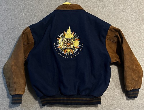 Rara Chaqueta de Bombardero Walt Disney World Talla XL Lana Cuero De Colección Años 90 Azul Marino/Marrón - Imagen 2 de 13