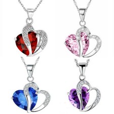 Double Heart Crystal Birthstone Pendant Stainless Steel Necklace Women Girls