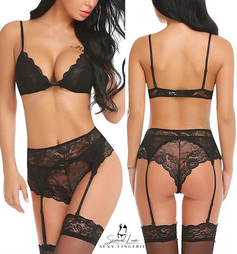 Nuovo Stile Set Reggiseno Sexy con Reggicalze Modellante in Pizzo Traforato per