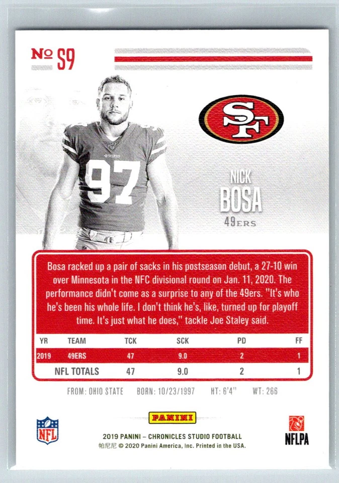 2019 Panini Chronicles Studio Nick Bosa RC San Francisco 49ers #S9 /49 TC4085 - Image 2 of 2
