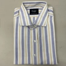 Drake’s London Button Up Dress Shirt Sport Cotton Ramie Stripe White 17.5