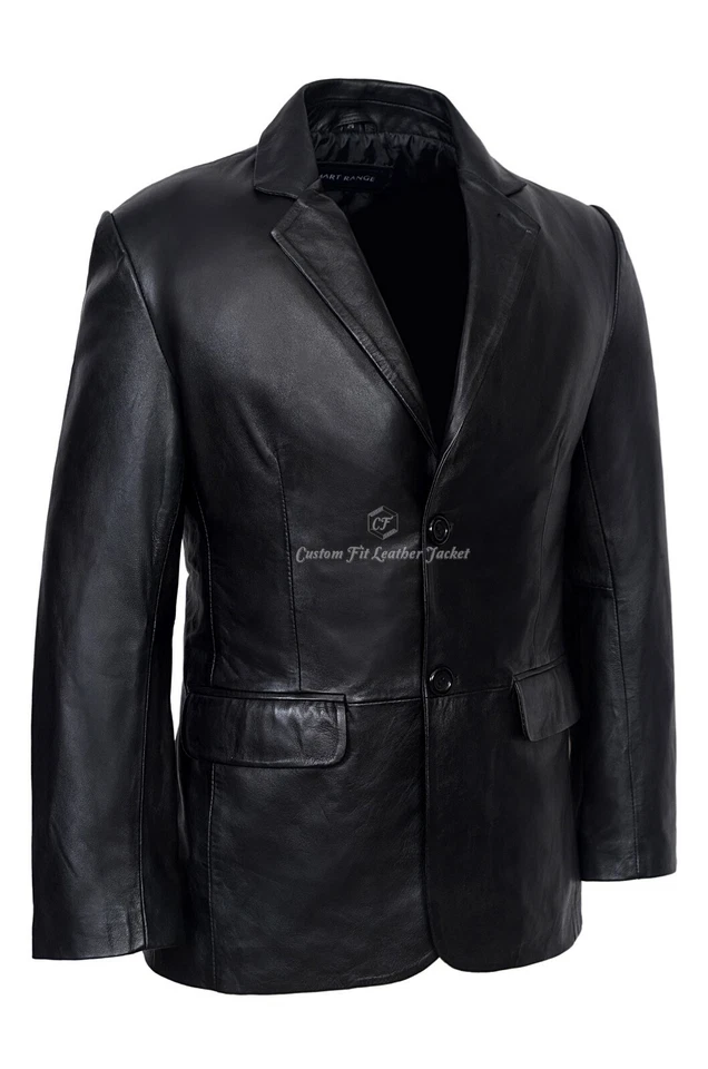 Men's Leather Blazer Black 2 Button 100% REAL LAMBSKIN Jacket Coat 9124  - Image 3 of 4