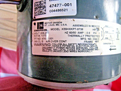 Emerson Condenser Fan Motor Model: K55HXKPT-9738  1/8 HP 208/230V P/N: 47477-001