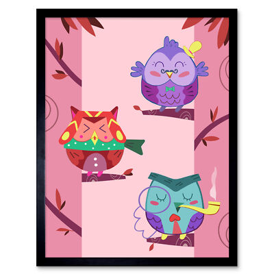 Kawaii Eulen Baum gerahmter Wandkunstdruck 9x7