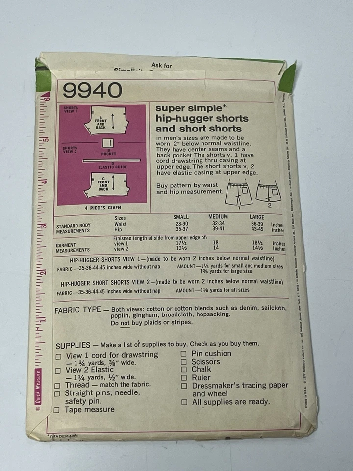 Mens Swim Trunks Short Shorts Vtg 70s S9940 Small 28-30 Hip Hugger Cut Pattern - Image 2 of 2