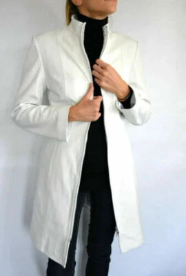 Luxus Damen Weiß Leder Trenchcoat Echt Lammfell Gothic Stilvolle Mantel - Bild 1 von 4