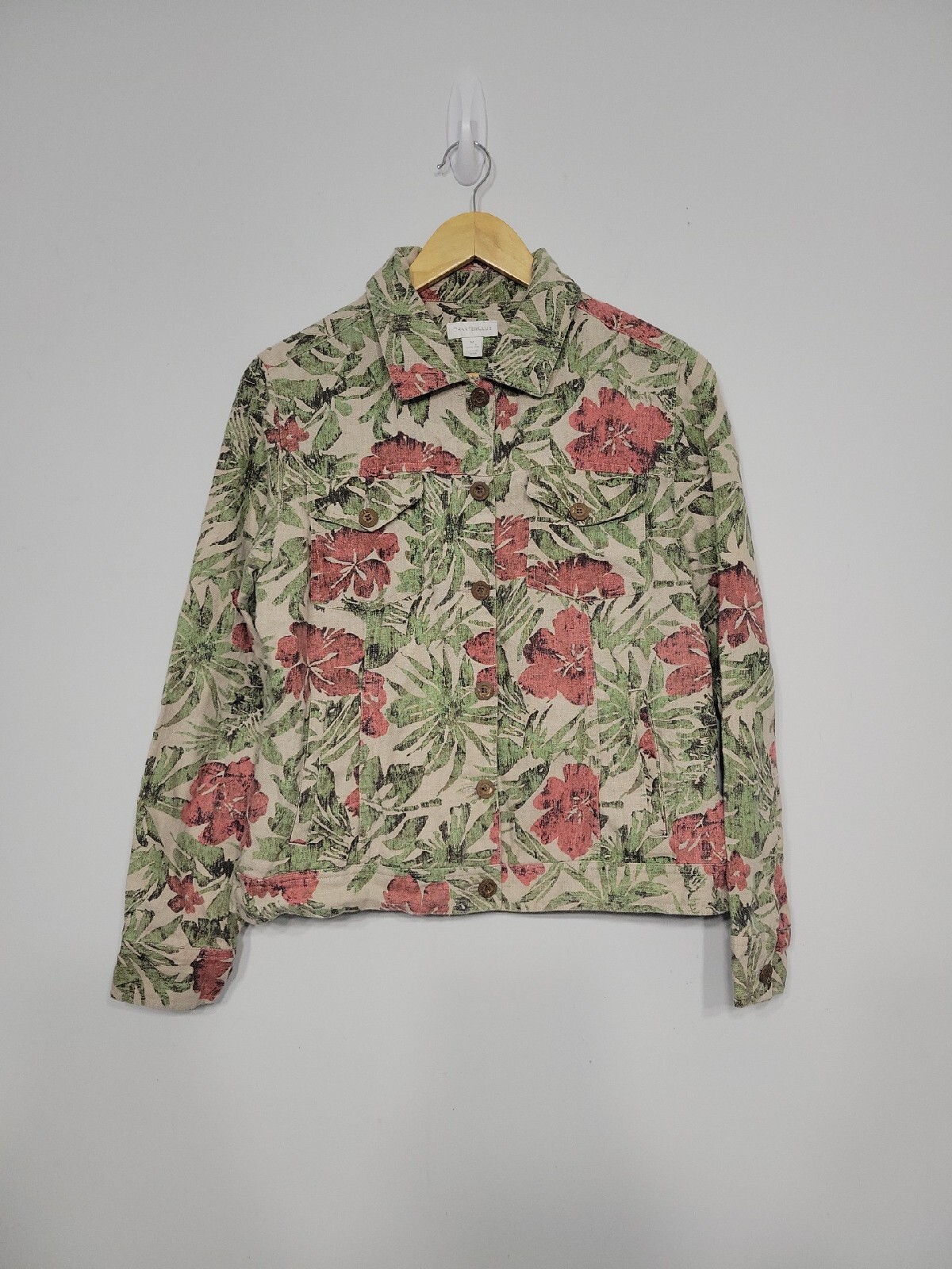 Charter Club Women's Shacket Size Medium Linen Floral Hibiscus
