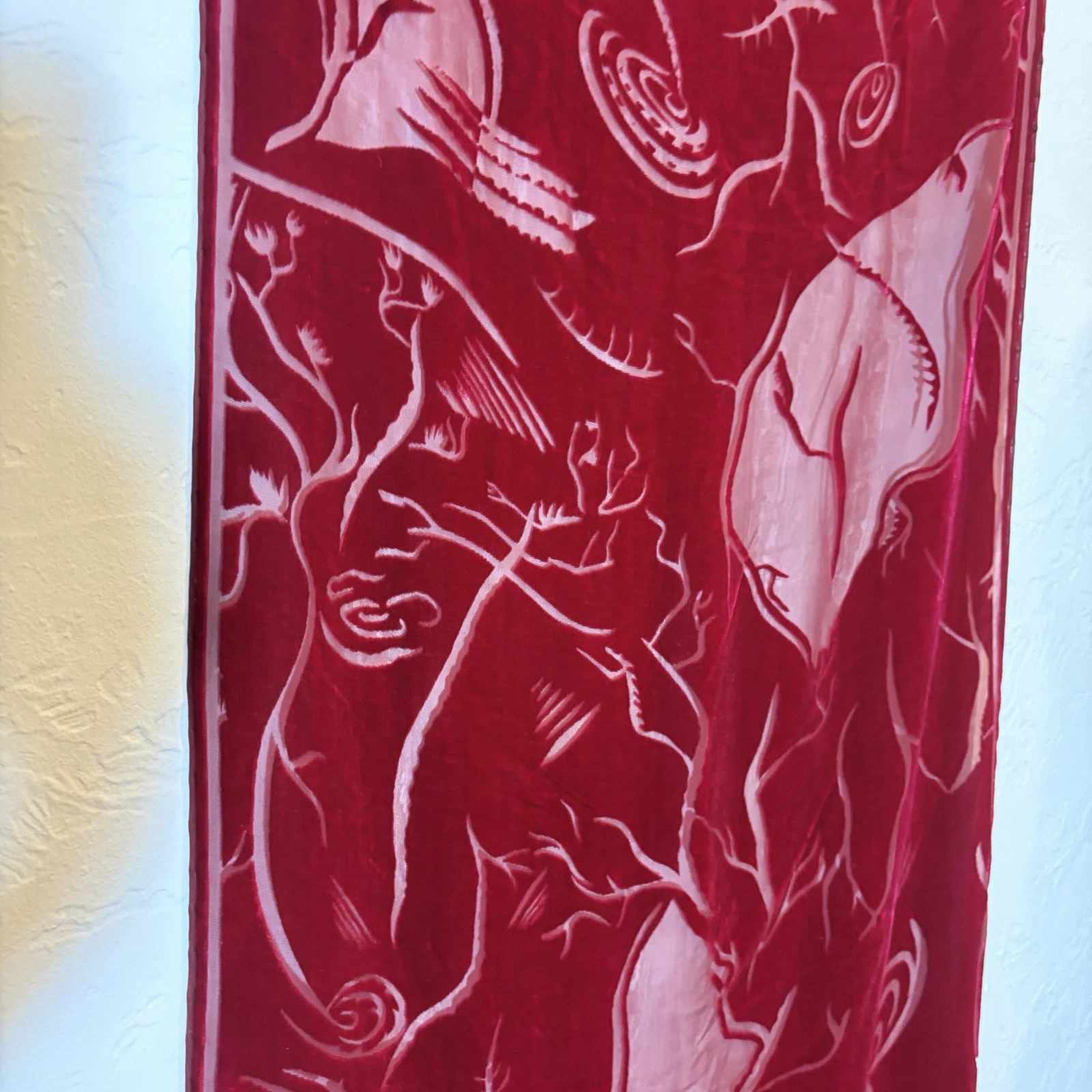 Red Burnout Velvet Sheer Scarf Shawl Wrap Abstract Art Wear Long Rectangle