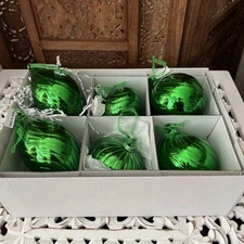 Frontgate Christmas Ornaments Green Glass Set of 6 Swirled NEW 3 Diff Shapes