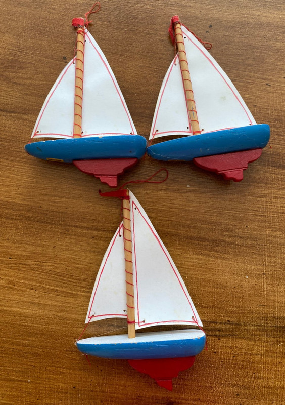 3 VTG Sailboats Wooden Blue Hull Hand Made and Painted Toy-Ornament Very Cute