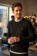 Polo By Ralph Lauren Men  s Black Knit Sweater Size L 100 Pima Cotton Red Logo