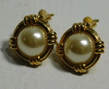 Vintage Napier Faux Pearl Clip On Earrings Gold Tone