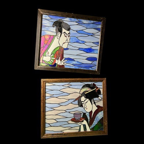 SIGNIERTE GLASMALEREI FENSTER KUNST TAFELN JAPANISCH UTAMARO KITAGAWA SHARAKU UKIYOE - Bild 3 von 22