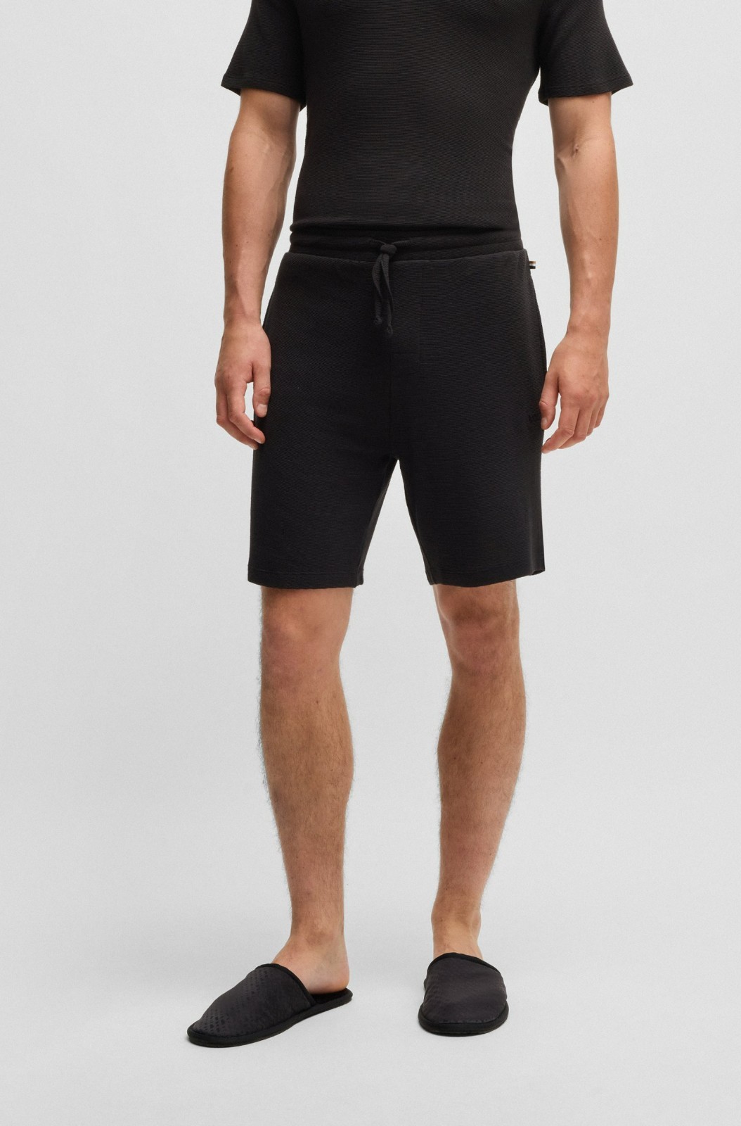BOSS Stretch-Jersey Pajama Shorts Mens M Black Drawstring Waist Stripe Pull On 9690₽