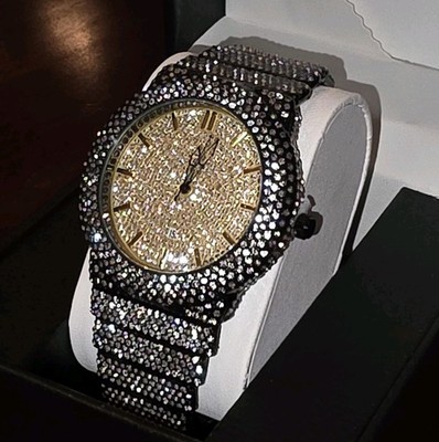 Mens Masculine Bold Black & Gold Extra Shiny Full Simulated Diamond Quartz Watch