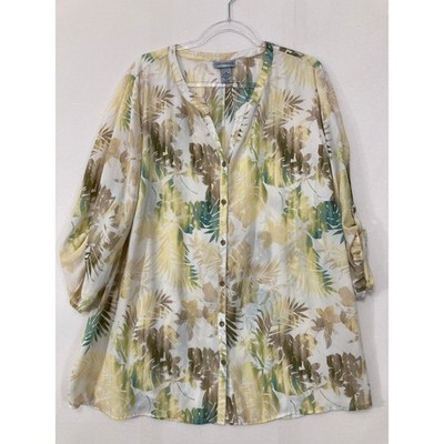 Catherines Button Front Tunic 2X Multi Color Tropical Palm Roll Tab Sleeve