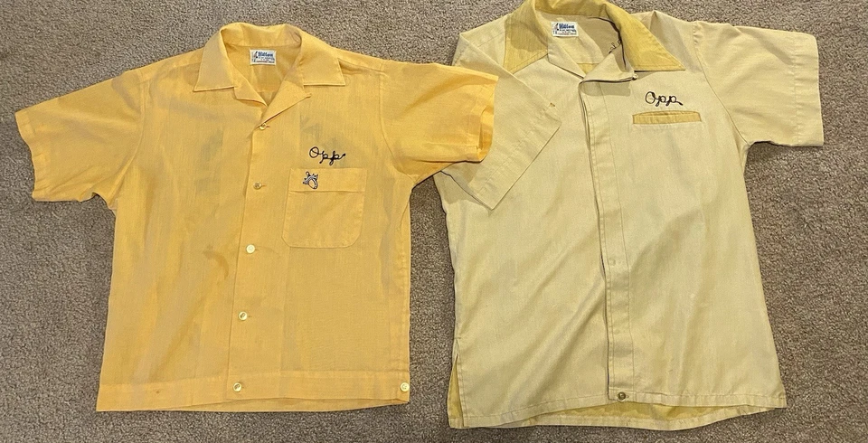 Camisa de boliche de colección para mujer talla pequeña amarilla años 60 puntada de cadena cuello lazo lote de 2 Foto 3 de 4