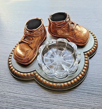 Vintage 1951 Bronzed Baby Shoes with Glass Change/Trinket Tray - Very Good