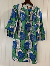Tory Burch Blue Green Floral Silk A-Line Dress Bell Sleeve Size 8 Knee Length