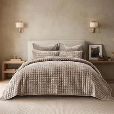 Luxury Velvet Quilt King Size Bedding Set, Comforter Set Natural Tan