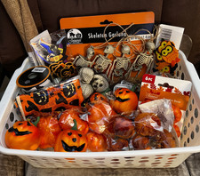 Basket Full of Halloween Craft Items  Decorations Pumpkins Ribbon Skeletons Etc
