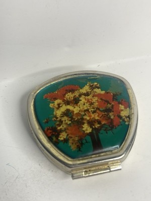 Vintage Teal Floral Compact Pill Box Holder Gold Metal With Enamel Design