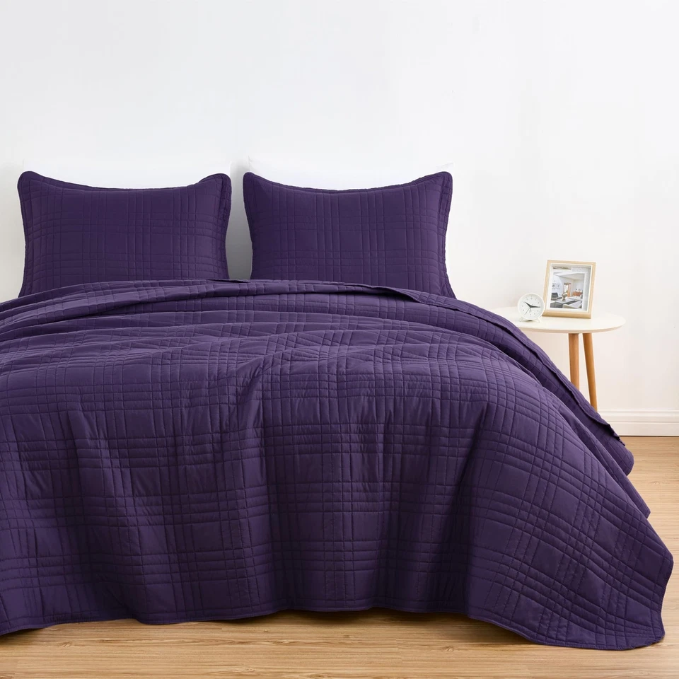 Kingston Queen Size Bedspread Set, 3-Piece Dark Purple Oversized Quilted Micr... - Image 2 of 4