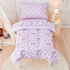 Toddler Bedding Set for Girls, 4 Piece Bed-in-a-Bag Toddler, Purple Rainbow