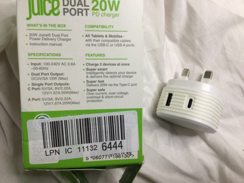 JUICE 20W Fast Charging PD UK Plug Adaptor For iPhone 15 Pro Plus Max - White - Zdjęcie 2 z 2