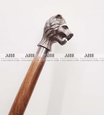 Antique Finish Lion Head Handle Folding Wooden Walking Stick Cane Gift Brown