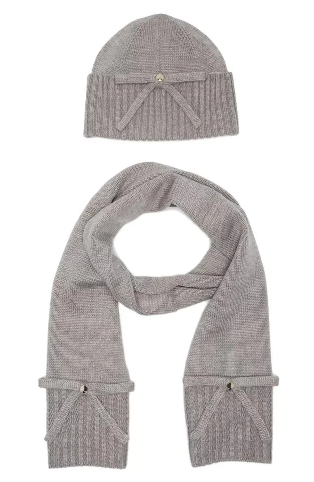 kate spade Gray Knit Hat and Bow Accent Scarf Set kate spade new york metallic bow beanie in Heather Gray  main image 3