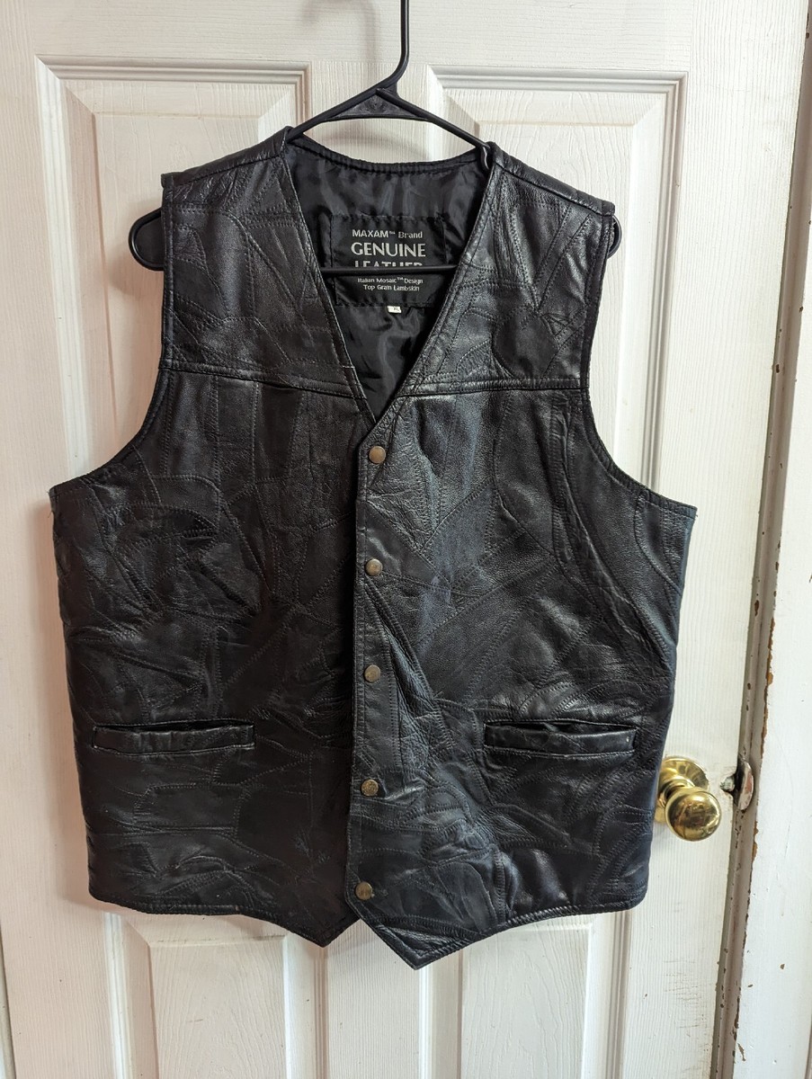 Vintage 80s Mens Leather Vest Patchwork Black Unisex Rock Vintage 80s Mens Leather Vest Patchwork Black Unisex Rock
