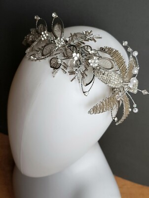 Silber Kristall, Perlen Diadem, Blumen und Blätter, handgefertigte Hochzeit Haar Diadem 