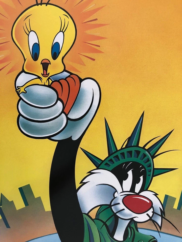 TWEETY AND SYLVESTER, ESTATUA DE LA LIBERTAD, IMPRESIÓN ARTÍSTICA AUTÉNTICA RARA 1998 Foto 3 de 4