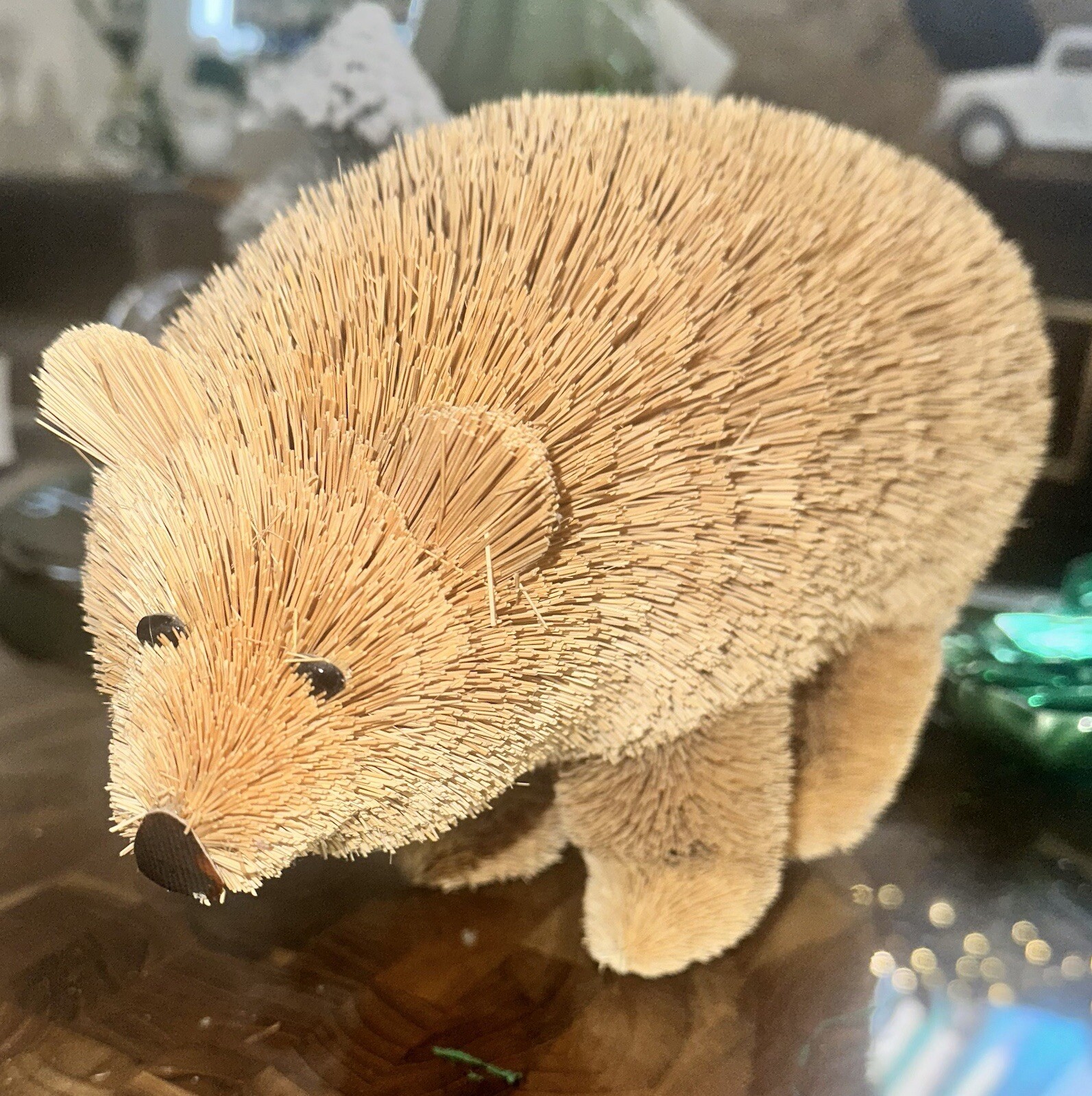 Vintage Bristle Brush Brushart Natural Fiber Art Bear Figurine 7” tall 10.5 wide