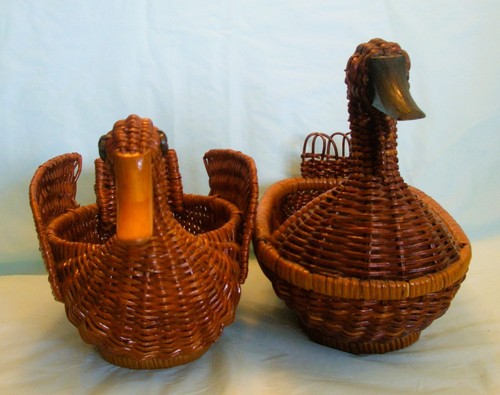 Vintage Woven Wicker Duck & Goose Baskets With Wood Bills Plus Flower Cart - Picture 8 of 17