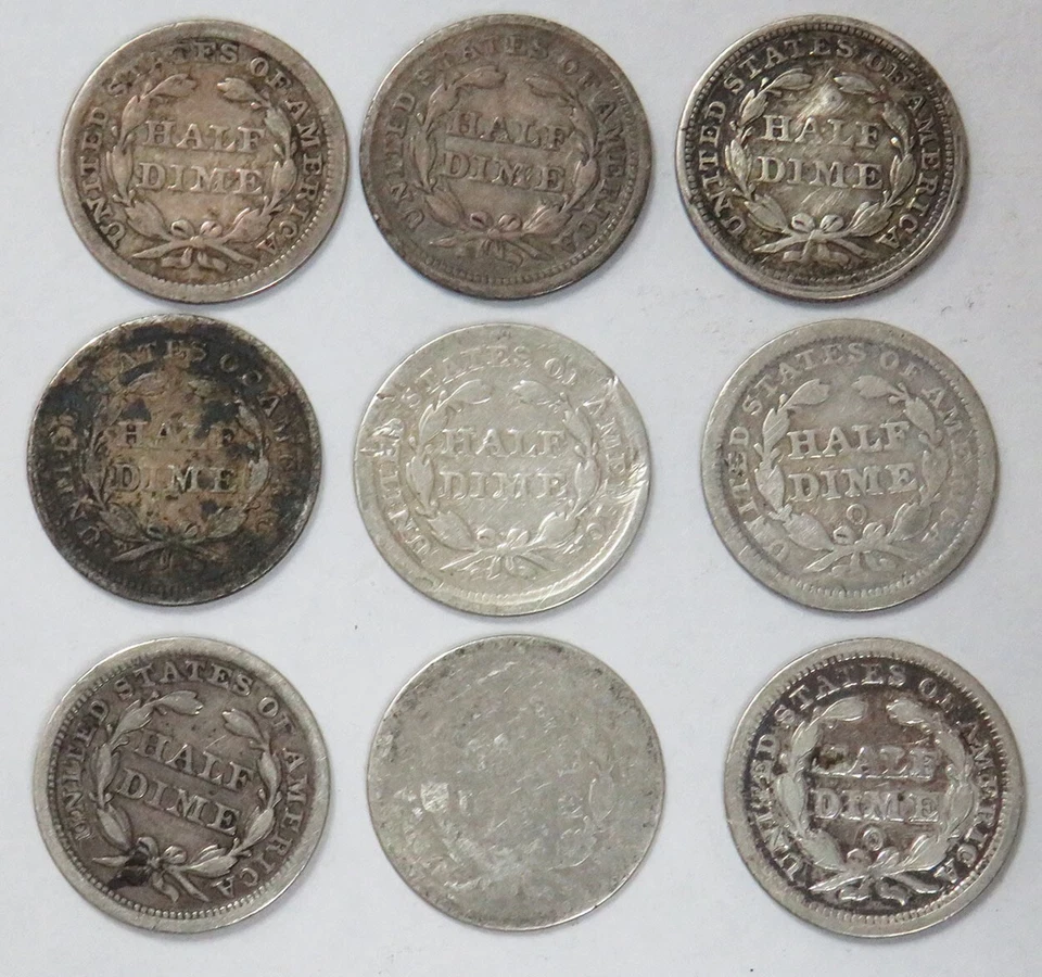 (9) 1857 SILVER UNITED STATES SEATED LIBERTY HALF DIMES CIRC COIN LOT - Image 2 of 2