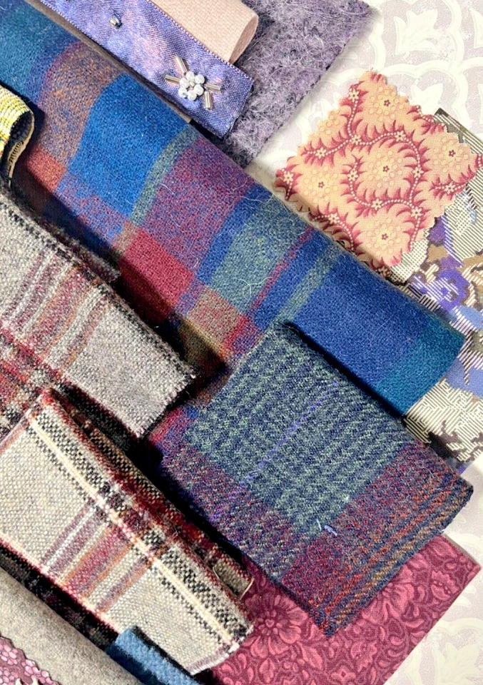 Lovely textured bundle of muted blues & aubergine wools, fabric & trims - Image 2 of 4