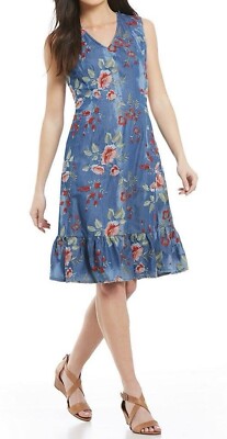 REBA Floral Red Embroidered Denim Dress V-neck Knee Length Western  Sleeveless
