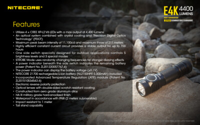 NITECORE E4K Compact Every Day Carry Flashlight 4x CREE XP-L2 V6