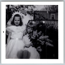 Vtg B&W Snapshot Two Girls White Dresses First Communion Lilacs Flowers 1950s