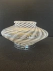 Fenton? Squat Glass Vase White Swirl Pattern Metal Base Ring Space Ship Shape