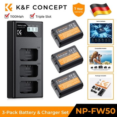 K&F CONCEPT NP-FW50 1100mAh Akku (3er-Pack) und DREI-Slot LCD Ladegerät für Sony