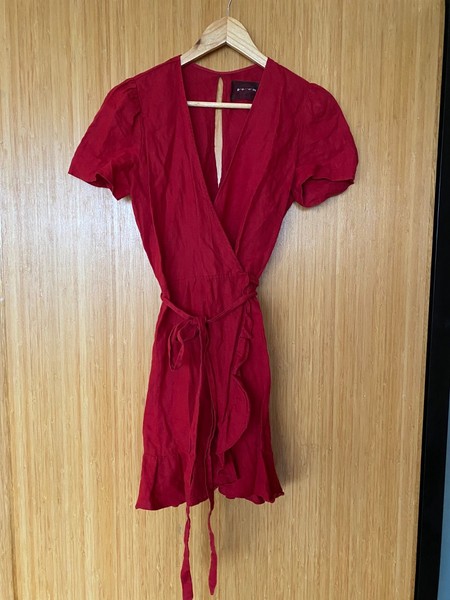 Reformation Linen Ruffle Red Mini Wrap Dress Medium
